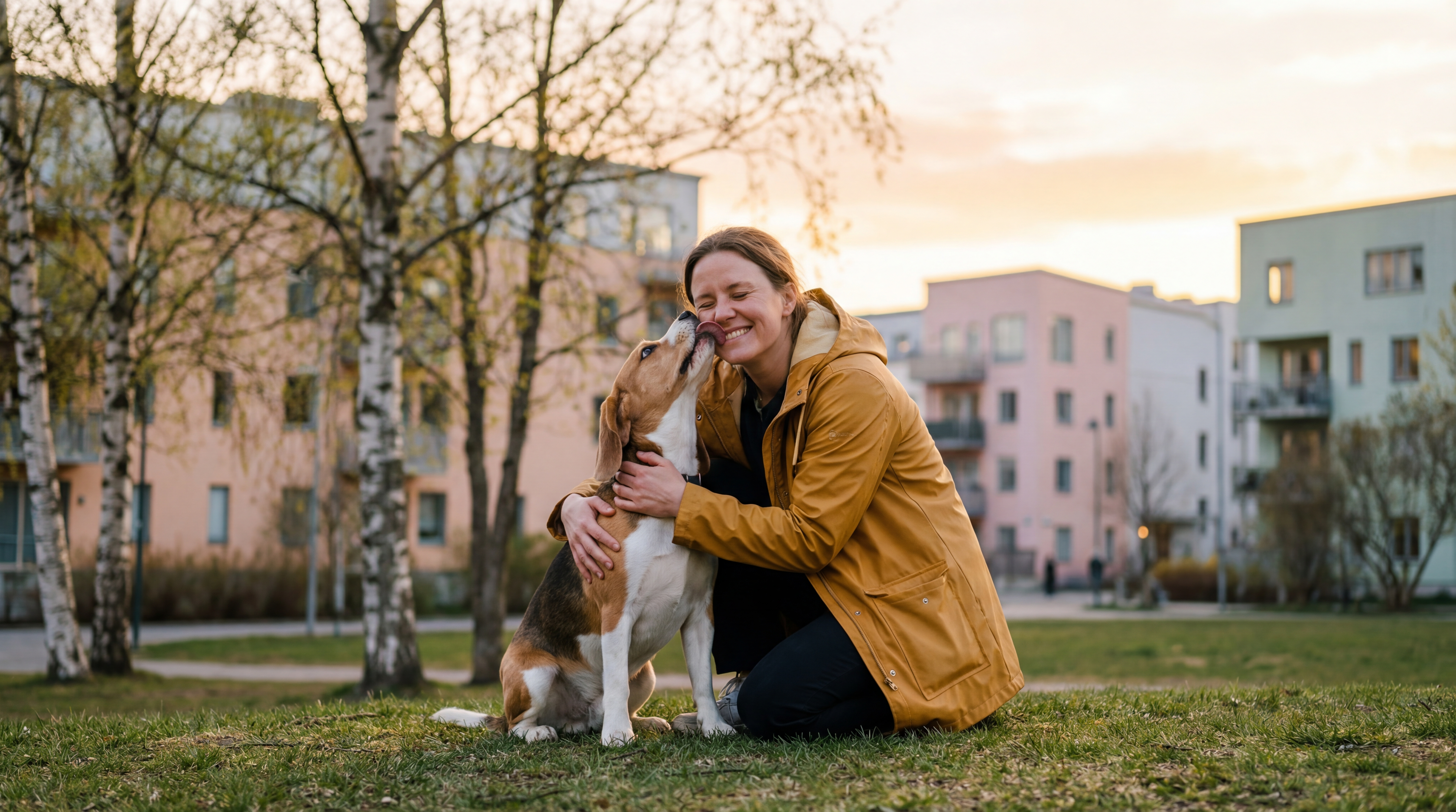 Ung kvinne i sennepsgul jakke klemmer en beagle i en nordisk bypark ved solnedgang.