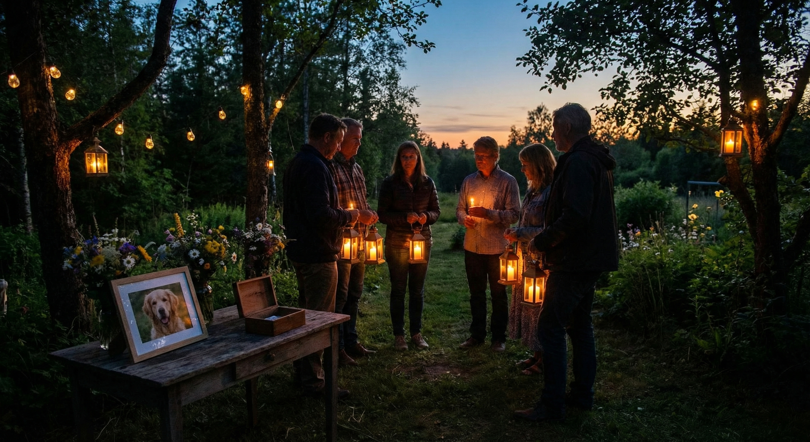 Et rolig avskjedsritual utendørs i skumringen
