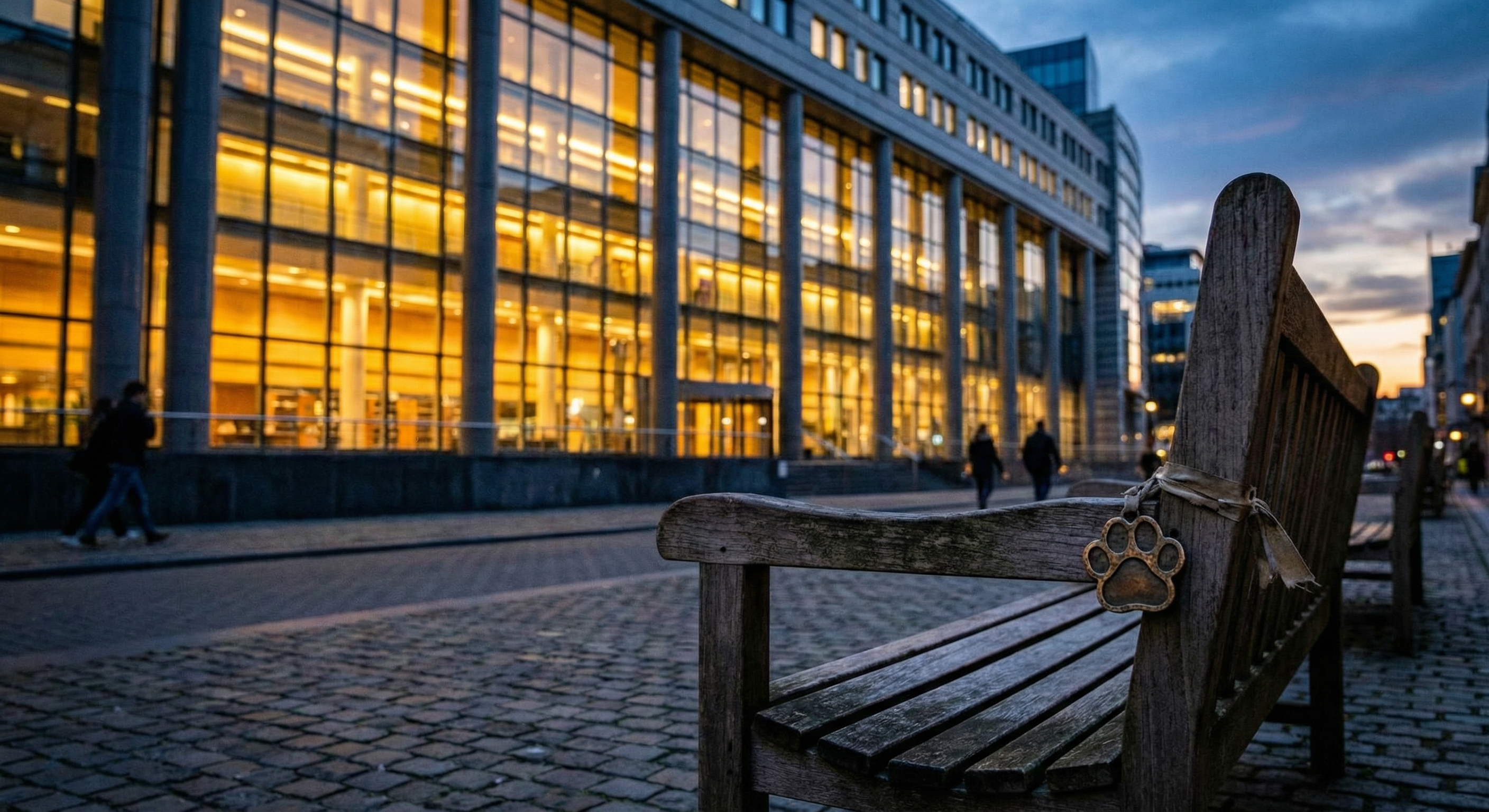 EU‑bygning i skumringen med et lite potesmykke