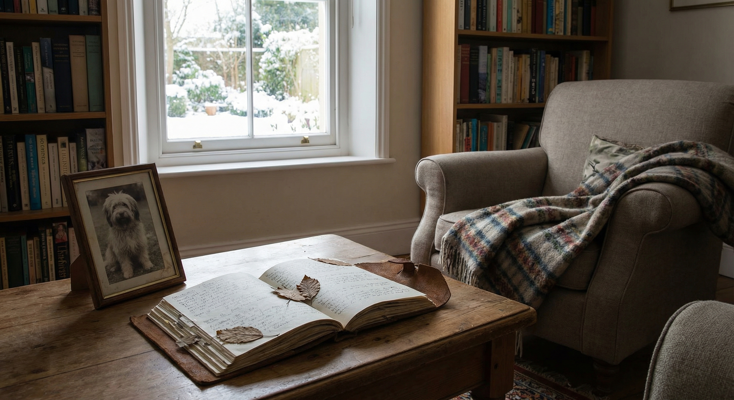 Et stille rom med minnebok og kjæledyrbilde