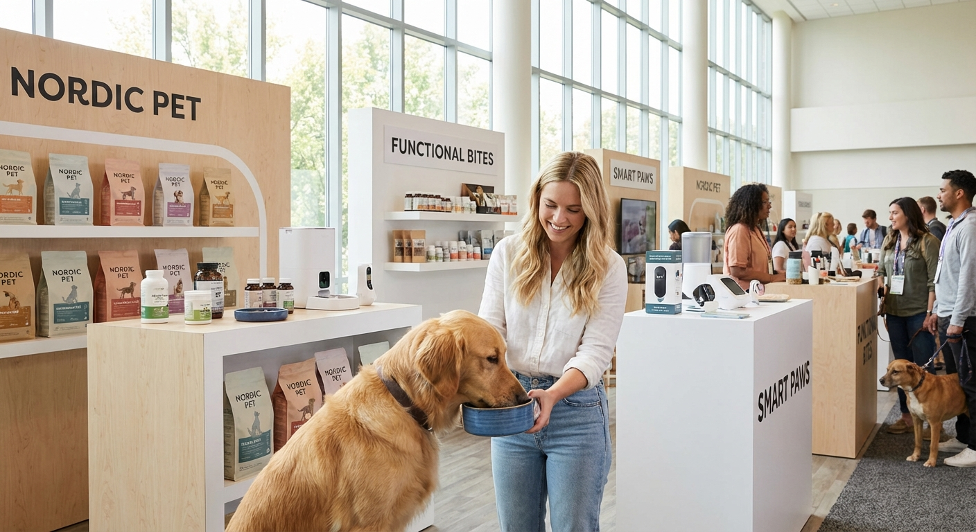 Hundevennlig messehall med produkter for kjæledyr og besøkende