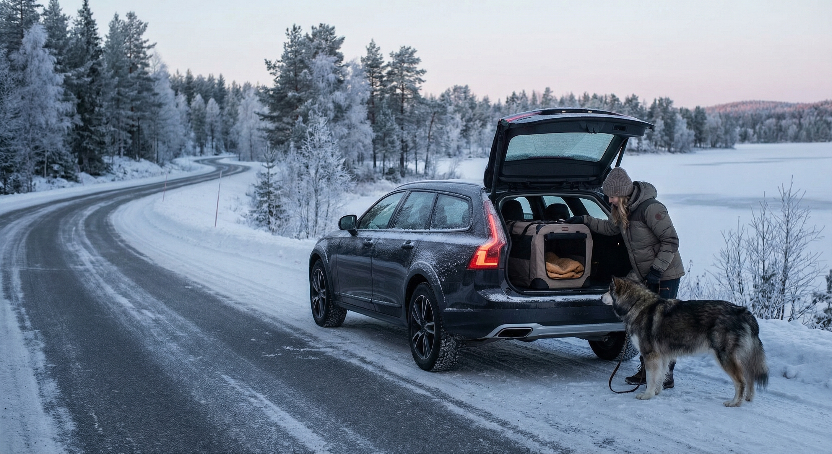 Vintervei og bil med transportkasse for kjæledyr