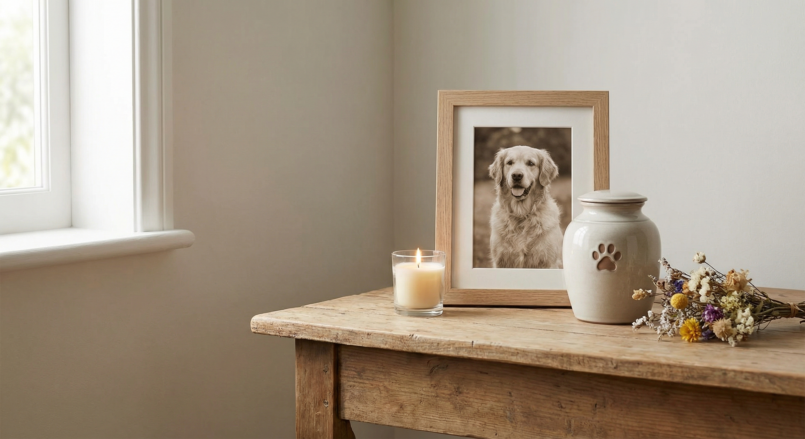 Et stille minnebord med lys, ramme og urne