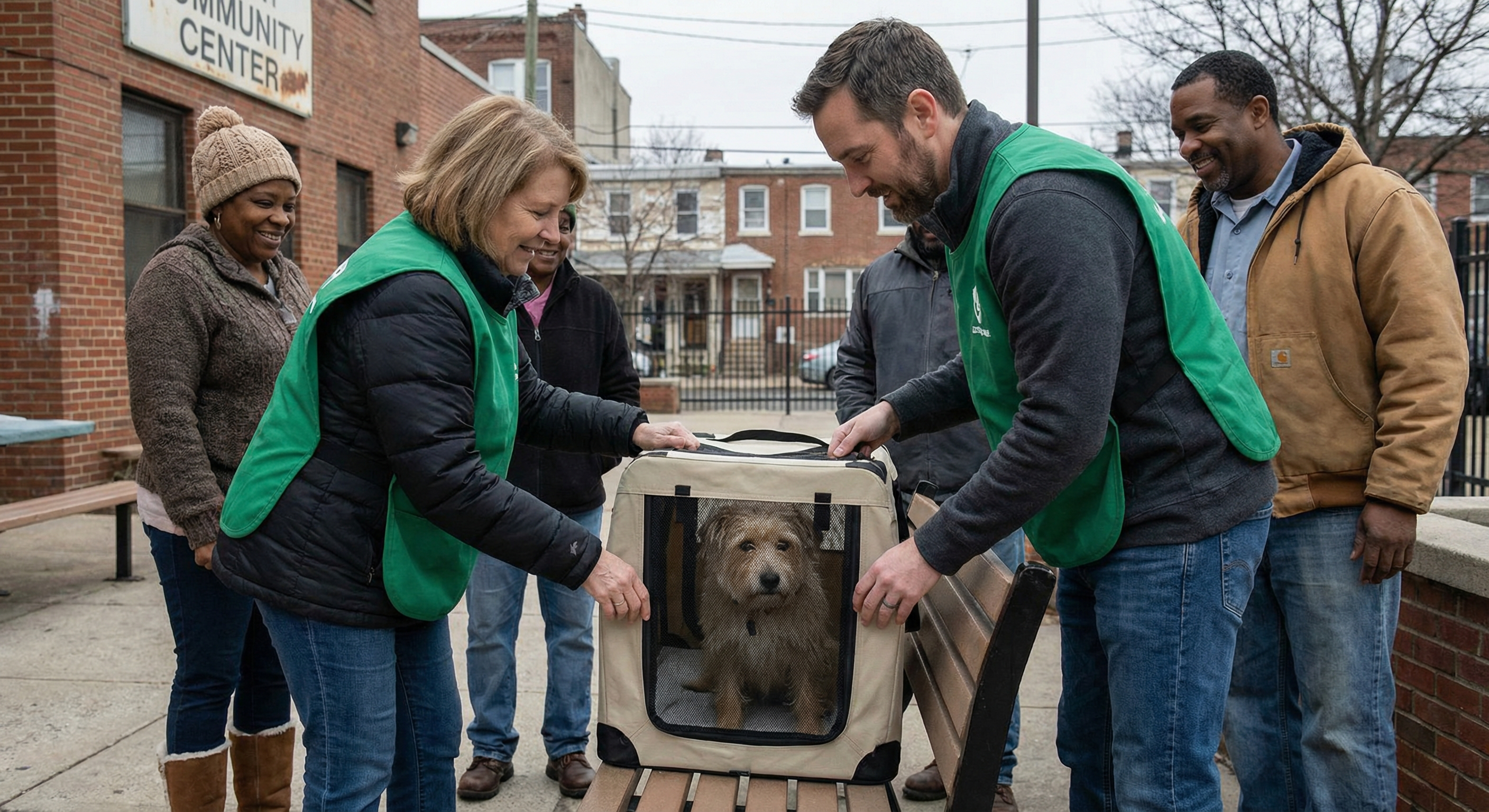Frivillige med transportbur i et rolig redningsmiljø