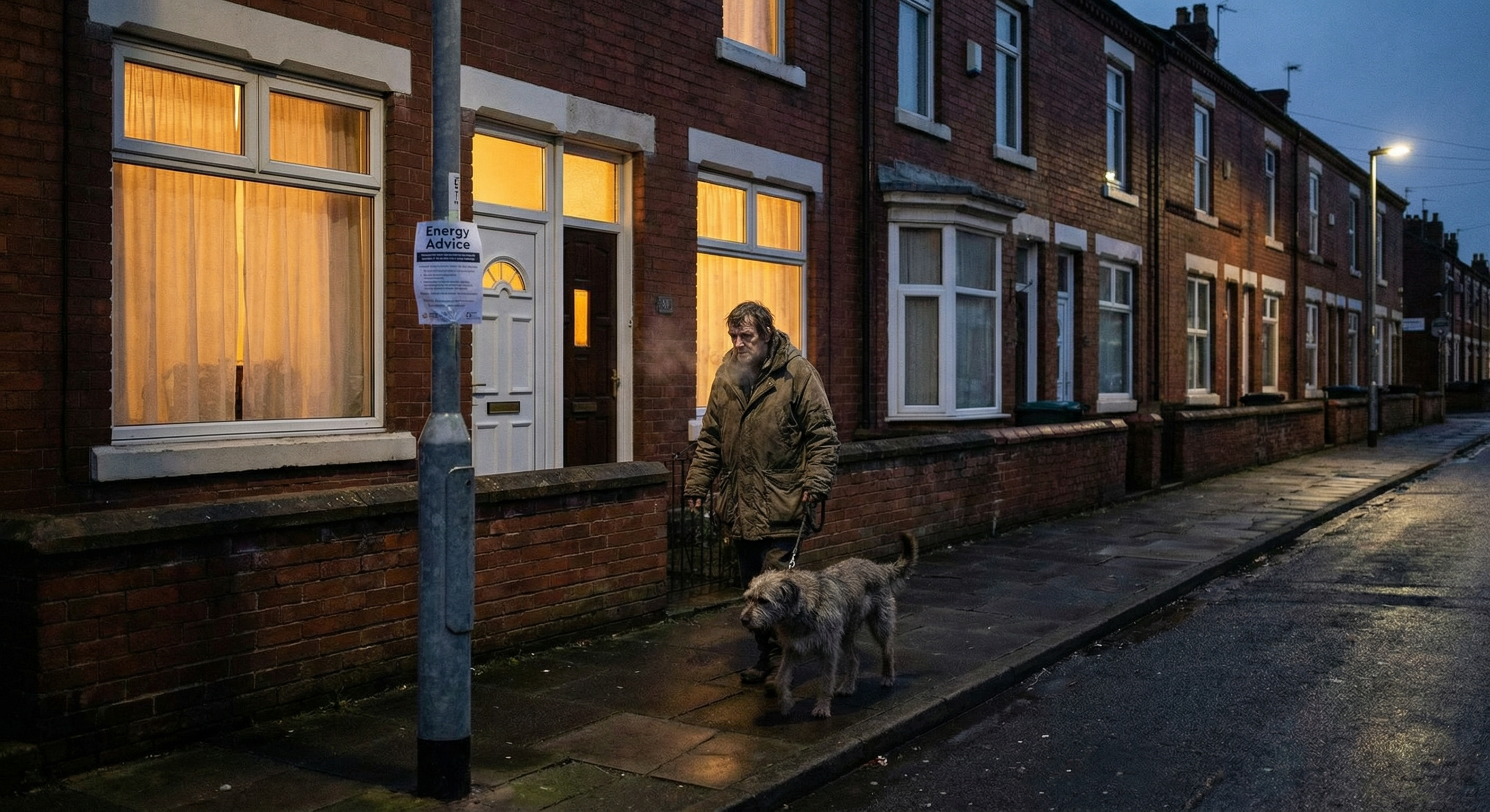 En rolig gate i vinterlys med en hund og eier